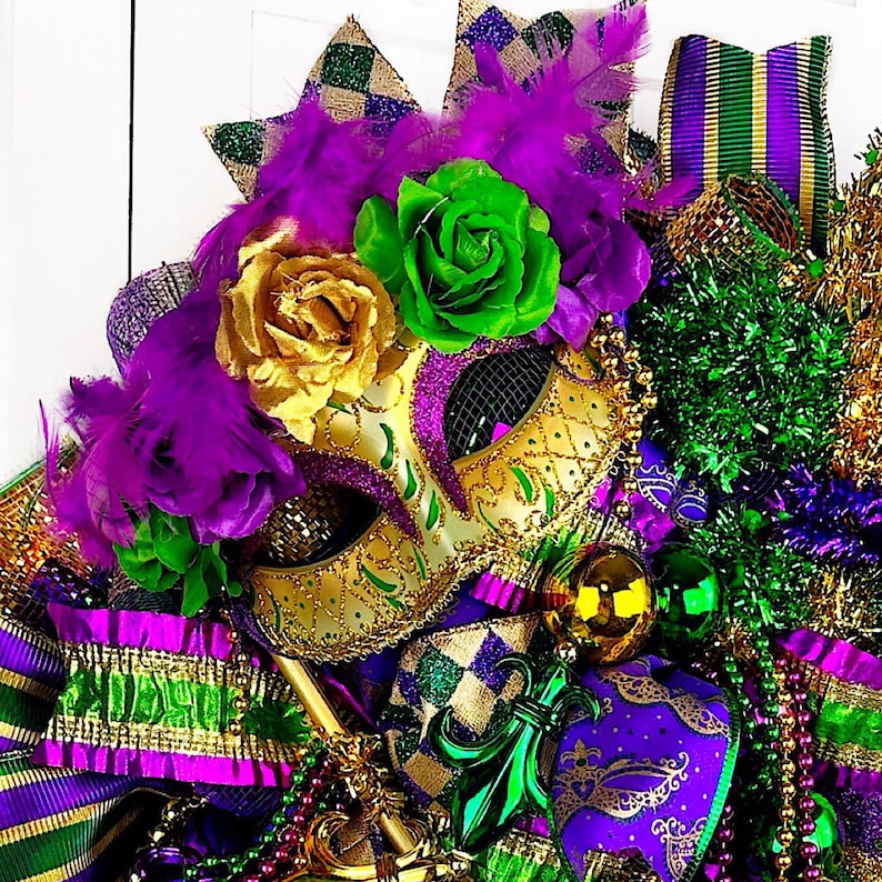 Mardi Gras Fat Tuesday Wreath With Two Masks Themed Ribbon Etsy