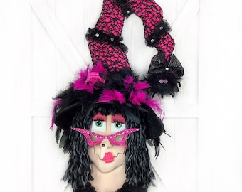 Hot Pink & Black Halloween Witch Wreath Attachment for Front Door, Halloween Witch Decoration  Embellishments Door Wall Hanger