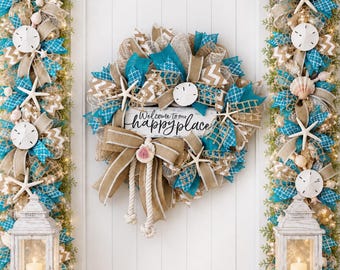 Turquoise Burlap Coastal Wreath, Starfish Sand Dollar Decor