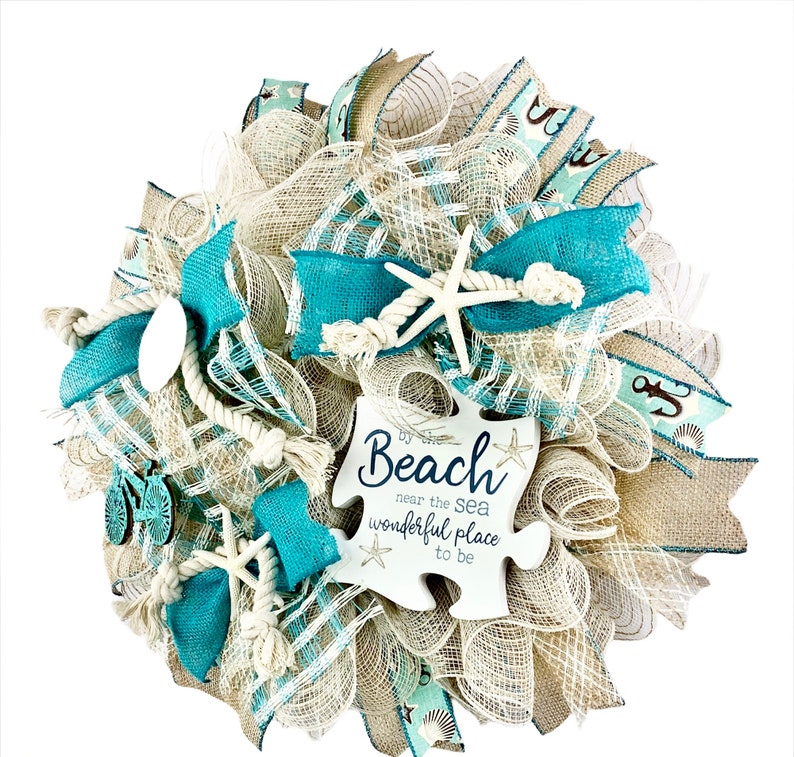 By the Beach Near the Sea Beach Rope for Front Door Decorations Coastal Nautical Wreath with Starfish; Seashells