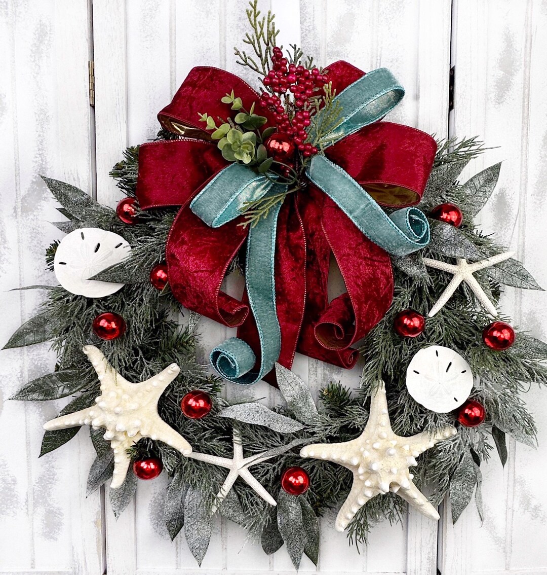 Handmade Coastal Christmas Wreath: Starfish, Sand Dollars & Velvet