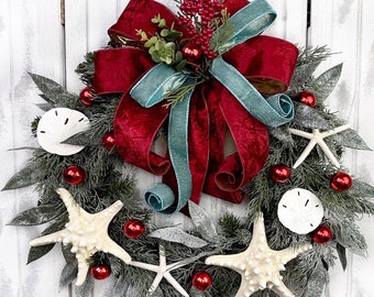 Handmade Coastal Christmas Wreath: Starfish, Sand Dollars & Velvet