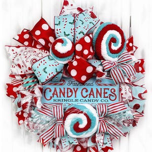 Peppermint Candy Wreath, Red and Blue Christmas Door Hanger