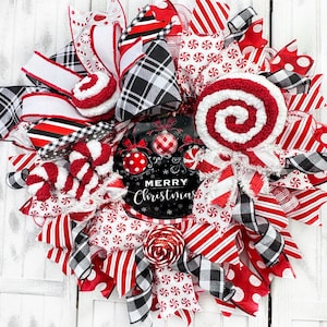 Merry Christmas Wreath, Red, White, Black Wreath with Polka Dotted Balls, Peppermint Decoration, Handmade Peppermint Lollipop