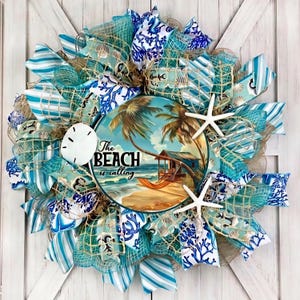 The Beach Is Calling Coastal Wreath, Nautical Starfish Sand Dollar Decor