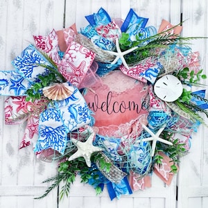 Welcome seahorse beach, coastal, nautical wreath for front door outside or inside decorations, beach decorations with starfish & sea shells