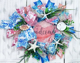 Welcome seahorse beach, coastal, nautical wreath for front door outside or inside decorations, beach decorations with starfish & sea shells