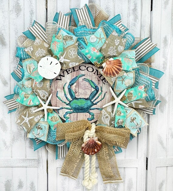 Welcome Crab Deco Mesh & Poly Burlap Wreath, Coastal Front Door