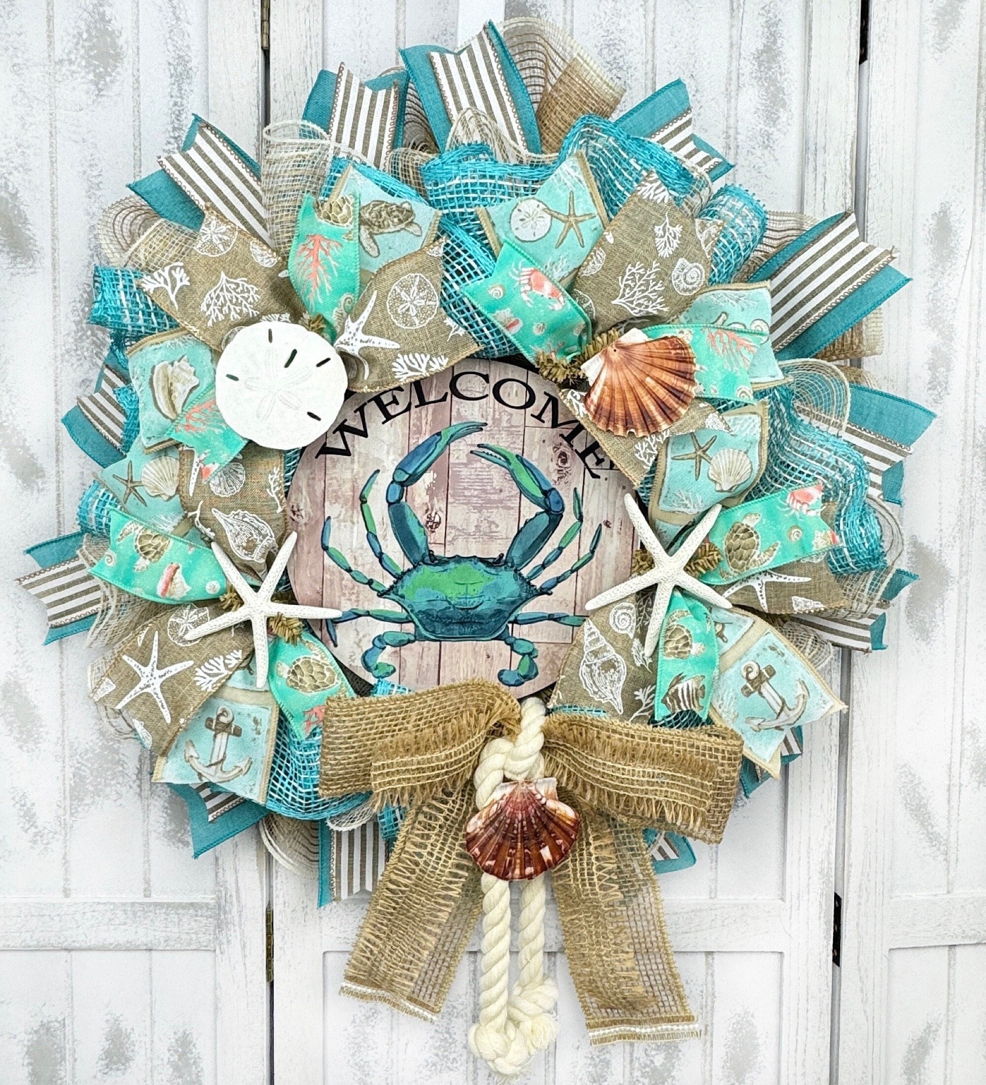 Welcome Crab Deco Mesh & Poly Burlap Wreath, Coastal Front Door