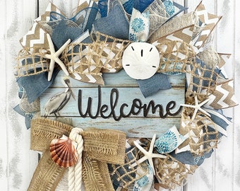 Welcome Pelican  Coastal Wreath, Beach Wreath,  Nautical Beach House Decorations with Starfish & Sand Dollar