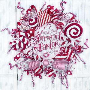 Mrs Claus Peppermint Parlor Christmas Wreath, Christmas Decoration, Candy Cane Wreath Door Hanger