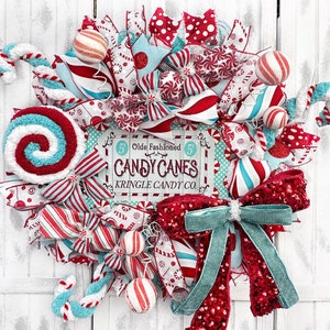 Kringle Candy Co. Old Fashioned Candy Canes, Blue, Red & White Peppermint Christmas Wreath, Designer Ribbon for Bow