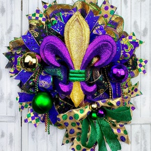 Fleur De Lis Mardi Gras Fat Tuesday Wreath with Deluxe Deco Mesh, Themed Ribbon, Bow, Beads & Ball Ornaments, Front Door Decorations