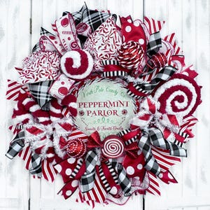 North Pole Candy Co Peppermint Parlor Christmas Wreath, Front Door Candy Cane Decorations for Outside