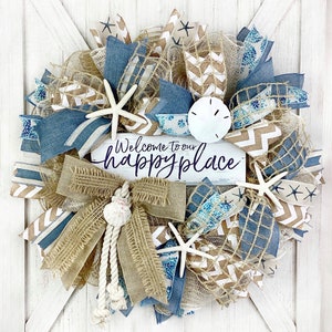 SEVERAL SIGN VARIATIONS!!  Happy Place Coastal Wreath, Beach Wreath,  Nautical Beach House Decorations with Starfish & Sand Dollar