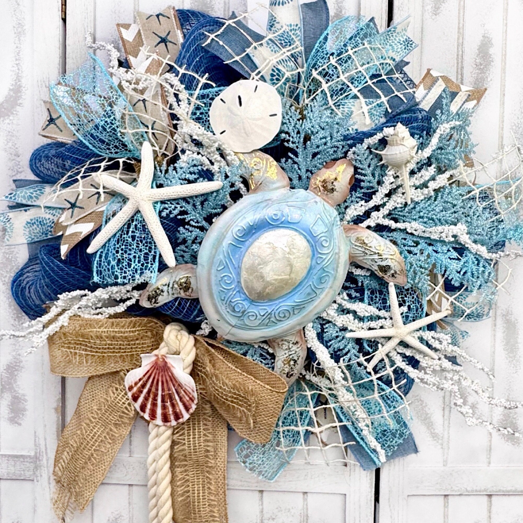Capiz Shell Sea Turtle Wreath: Blue Burlap Coastal Decor - Etsy