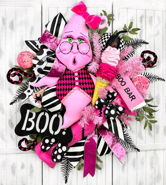 Handmade Pink Ghost Halloween Wreath, Candy Theme Front Door Decor