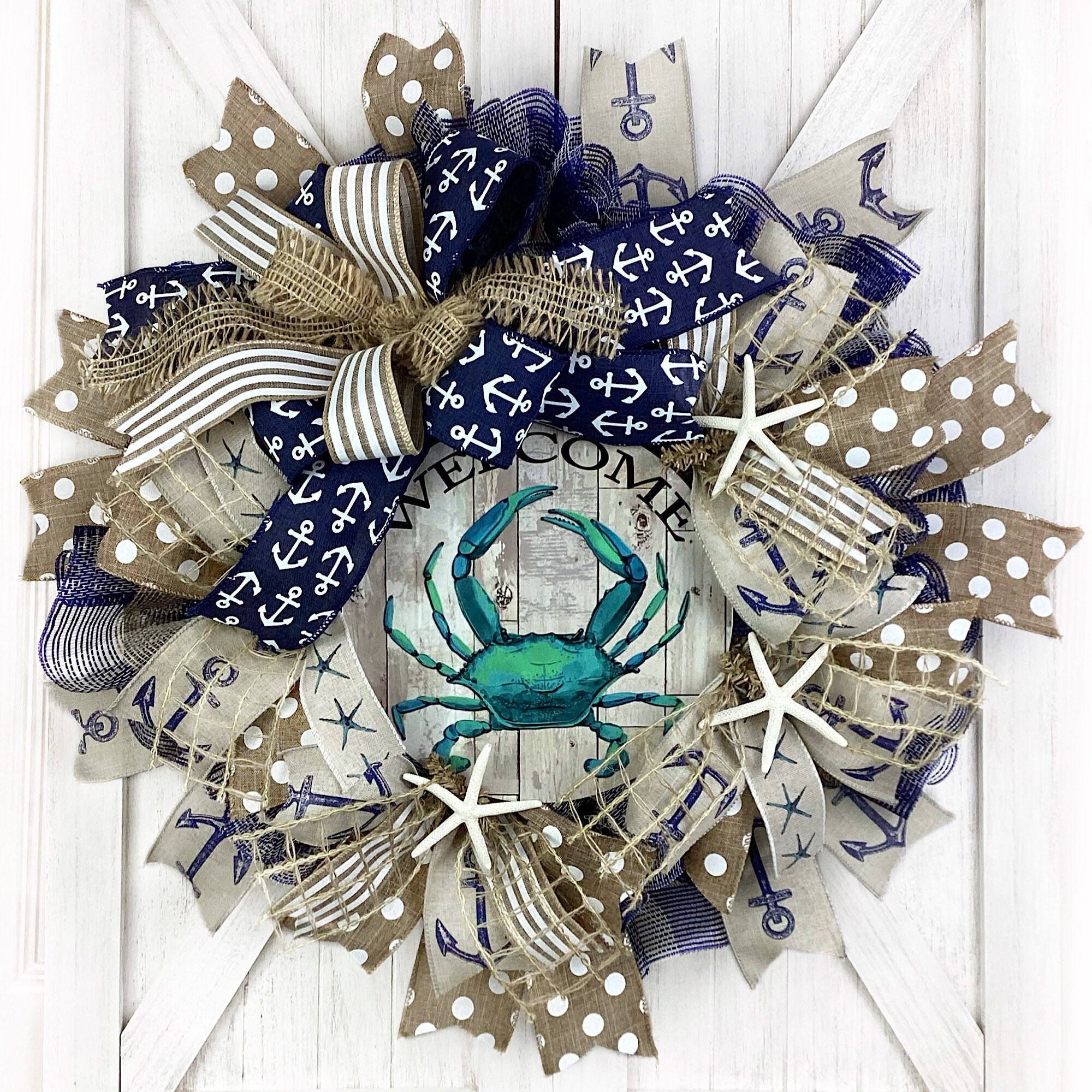 Crab Welcome Wreath: Nautical Anchor Ribbon, Coastal Beach House