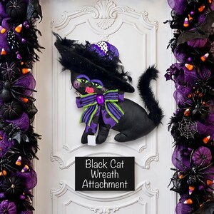 Handmade Black Cat Wreath Attachment, Witch Hat Halloween Decor