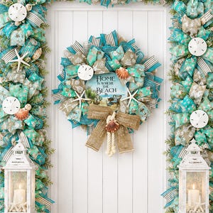 Home Is Where the Beach Is Deco Mesh & Poly Burlap Wreath, Coastal Front Door Decorations with Starfish, Sand Dollar and Sea Shells