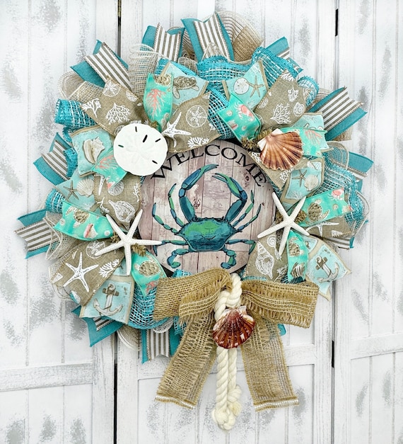 Welcome Crab Deco Mesh & Poly Burlap Wreath, Coastal Front Door