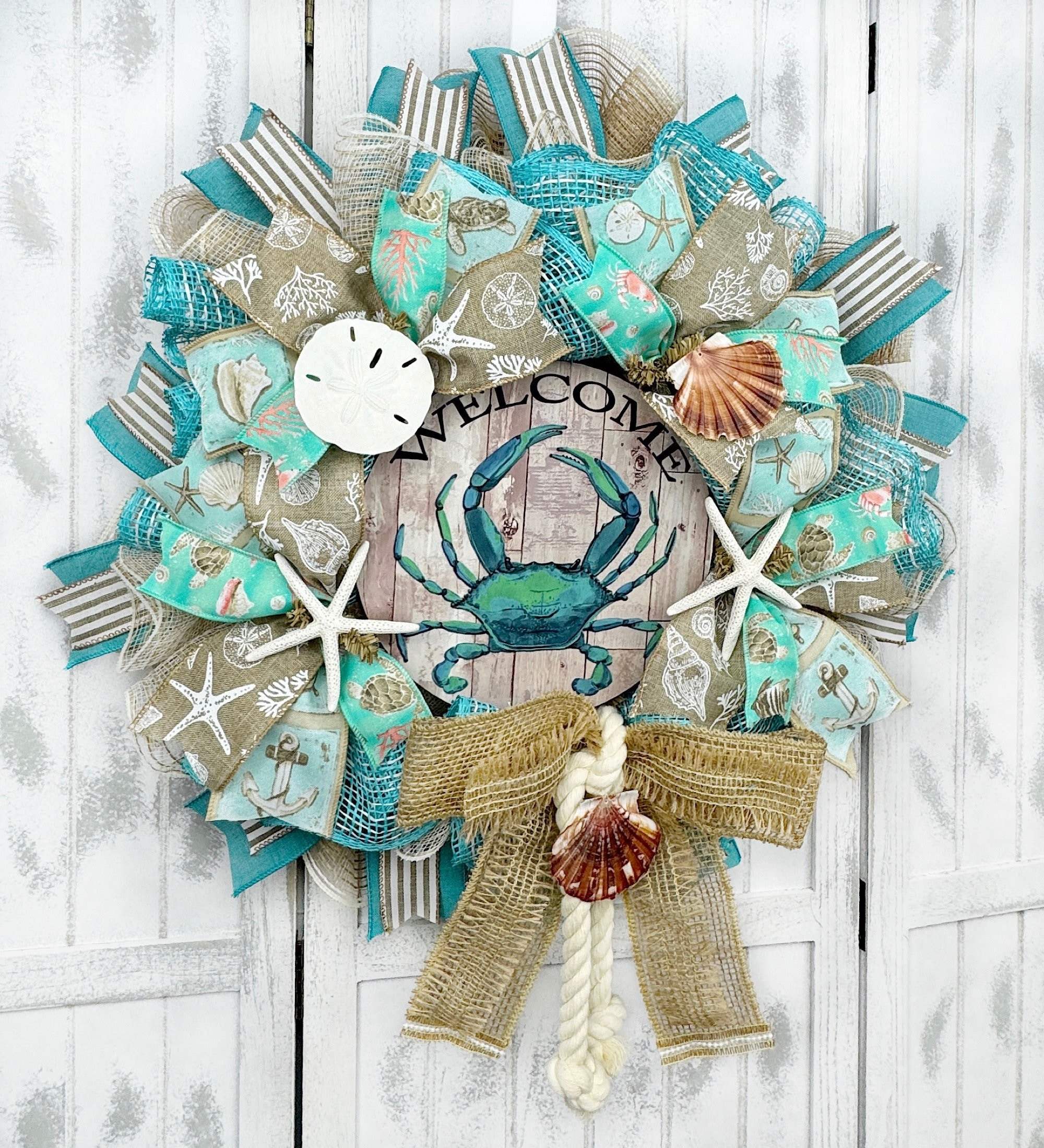 Welcome Crab Deco Mesh & Poly Burlap Wreath, Coastal Front Door