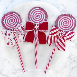 Faux Red & White Peppermint Christmas Lollipop Decorations, Wreath Attachment, Candy Cane Embellishments, Candy Land Decor