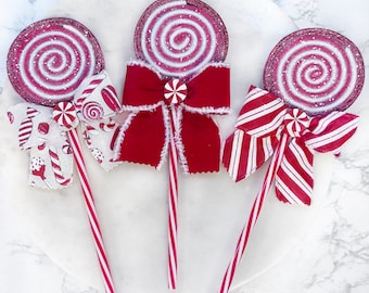 Faux Red & White Peppermint Christmas Lollipop Decorations, Wreath Attachment, Candy Cane Embellishments, Candy Land Decor
