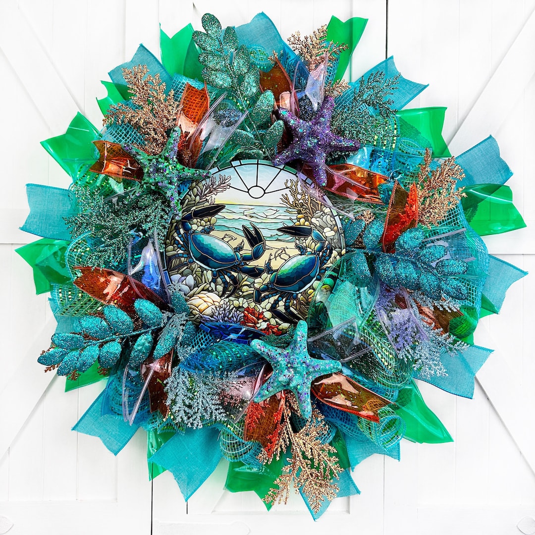 Blue Crabs Faux Stained Glass Coastal Wreath, Beach Wreath for Front
