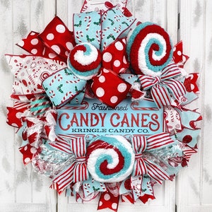Kringle Candy Company Blue & Red Peppermint Adorned Wreath, Christmas Decorations, Candy Cane Wreath Door Hanger