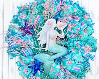 Mermaid Conch Shell Coastal Wreath, Starfish Beach Door Hanger