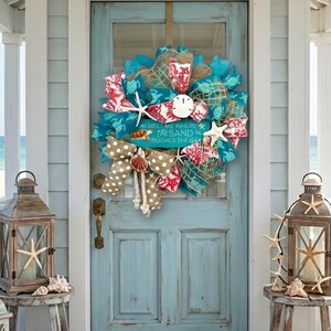Sea Turtle Coastal Wreath, Beach Front Door Decorations with Starfish, Sand Dollar, Seashell