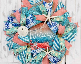 Welcome Coastal Deco Mesh & Poly Burlap Wreath, Coral and Blues Front Door Decorations with Starfish and a Sand Dollar