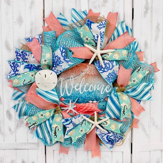 Welcome Coastal Deco Mesh & Poly Burlap Wreath, Coral and Blues