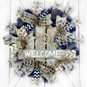 Welcome beach, coastal, nautical wreath for front door outside, ships wheel, WREATH  KIT AVAILABLE