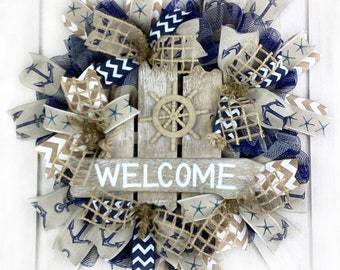 Welcome beach, coastal, nautical wreath for front door outside, ships wheel, WREATH  KIT AVAILABLE