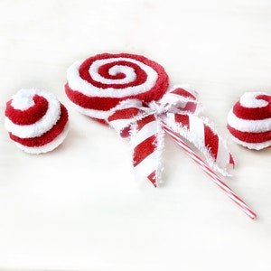 Candy Cane Peppermint Faux Yarn Lollipop & Ball Ornament Christmas Decorations, Peppermint Wreath Attachments, Embellishments, with Bow