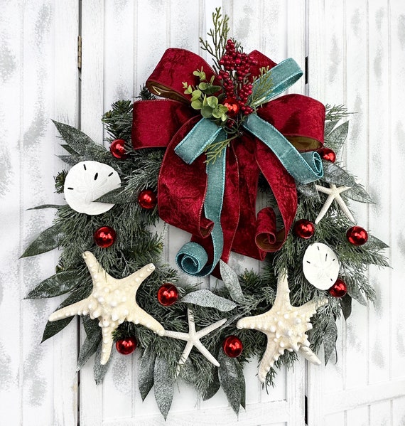 Handmade Coastal Christmas Wreath: Starfish, Sand Dollars & Velvet