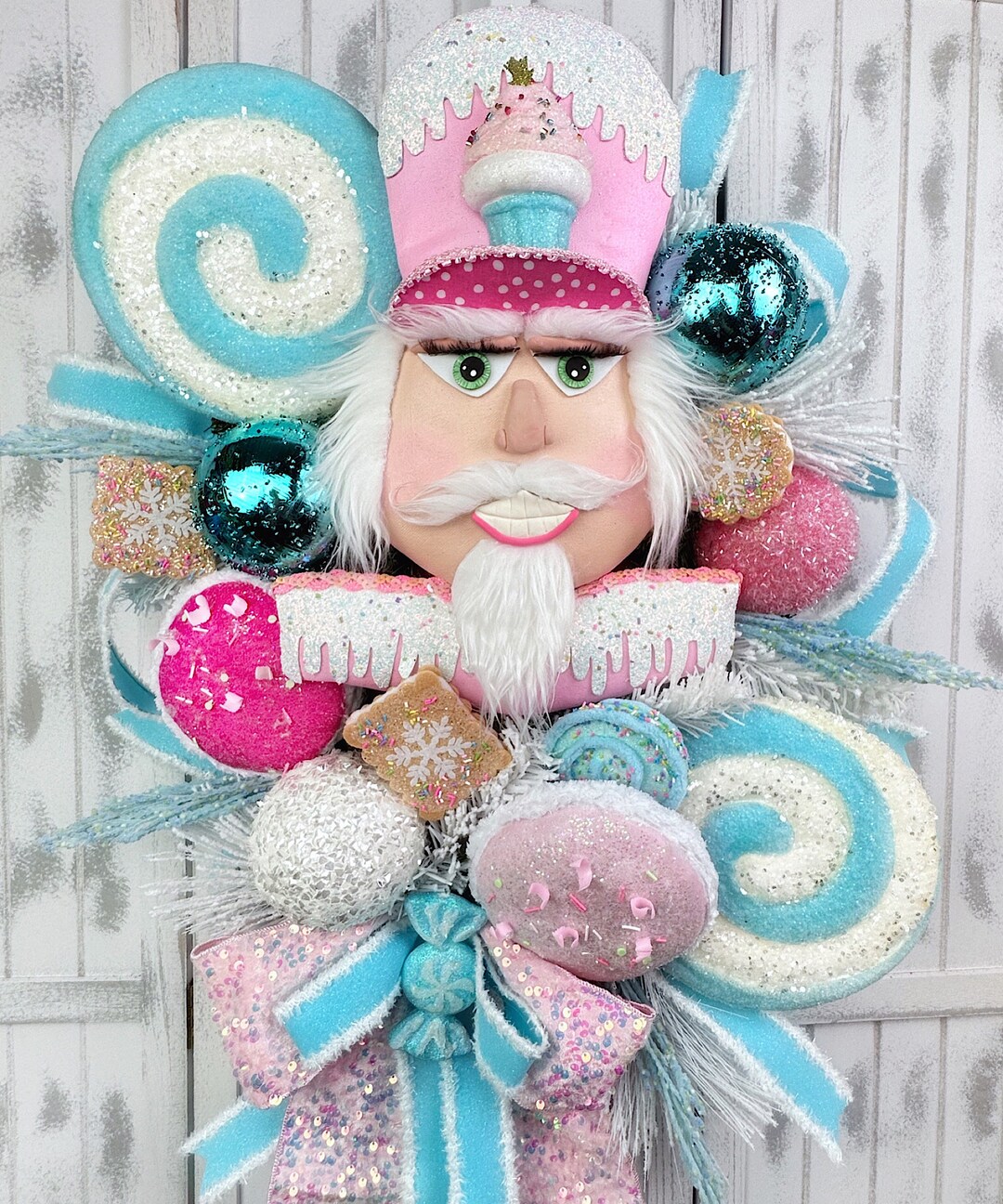 Deluxe Candy Themed Nutcracker Christmas Front Door Wreath With Velvet Macaroons, Sweet Treats