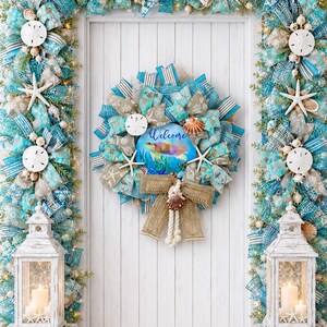 Turquoise, Ivory and Natural Sea Turtle Deco Mesh & Poly Burlap Wreath, Coastal Front Door Decorations, Starfish, Sand Dollar and Sea Shells