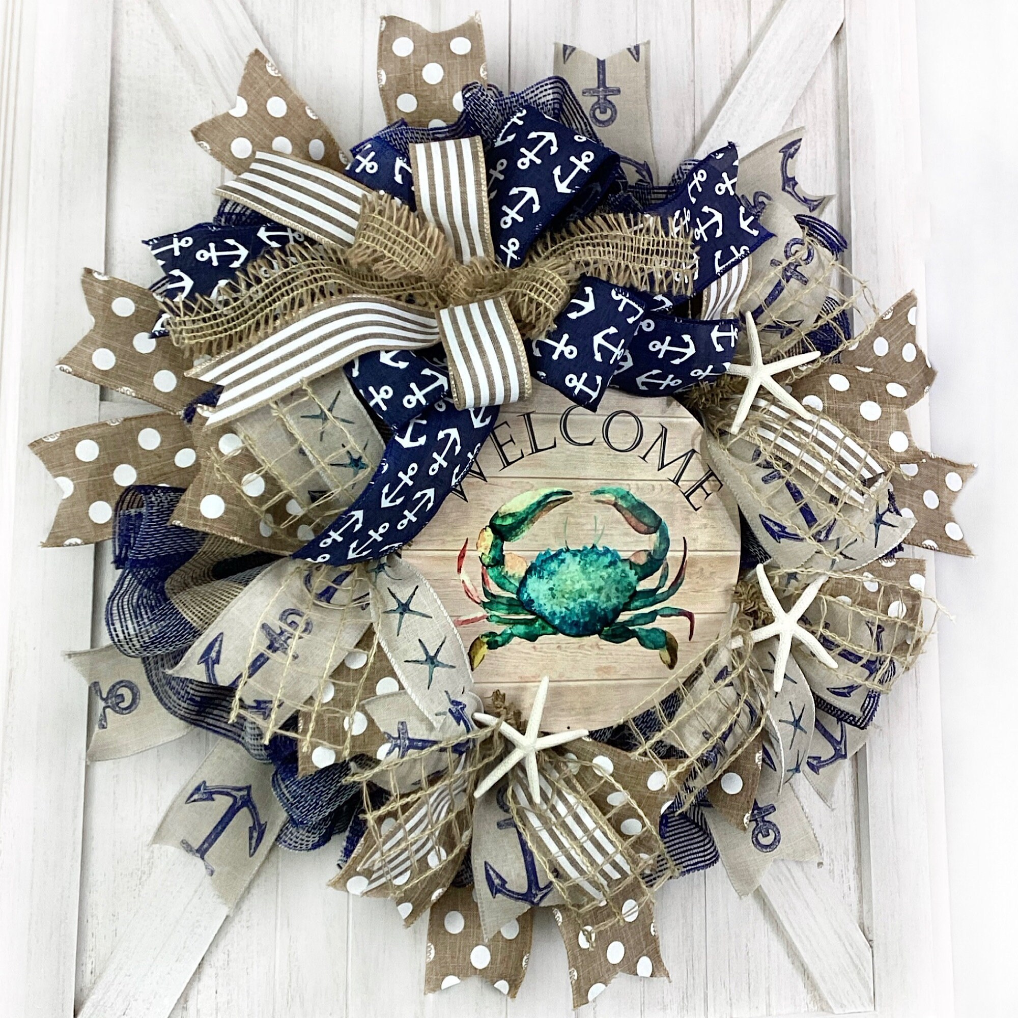 Crab Welcome Wreath: Nautical Anchor Ribbon, Coastal Beach House