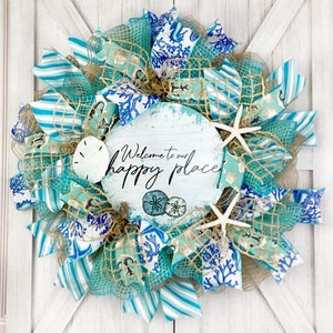 Welcome to our Happy Place Coastal Wreath, Beach Wreath,  Nautical Beach House Decorations with Starfish & Sand Dollar