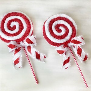 Faux Fuzzy Peppermint Candy Cane Christmas  Lollipop  Decorations, Peppermint Wreath Attachments, Yarn Embellishments Fuzzy Bow
