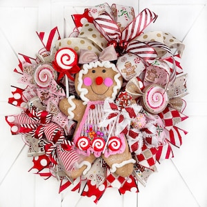Gingerbread Sweet Shop Christmas Wreath, Gingerbread Candy, Lollipops, Peppermint Candy, Chocolate Marshmallow, Pink Cake Pop, All Handmade