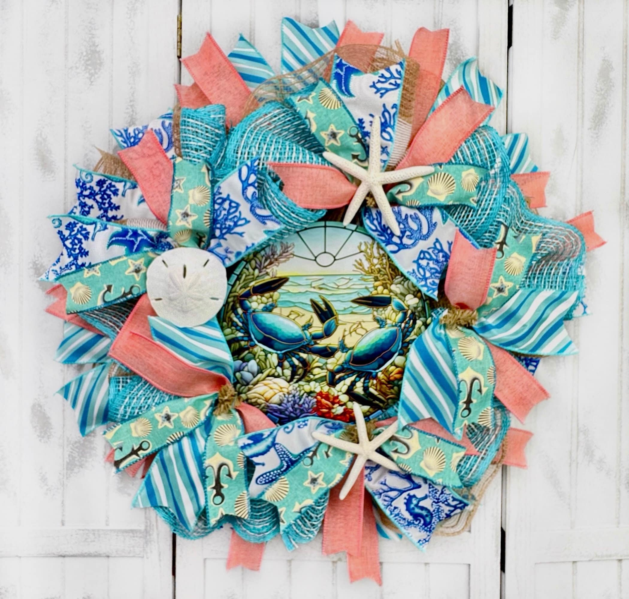 Faux Stained Glass Blue Crab Coastal Deco Mesh & Poly Burlap