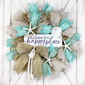Welcome to our Happy Place  Coastal Wreath, Beach Wreath,  Nautical Beach House Decorations with Starfish & Sand Dollar