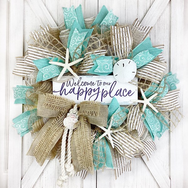 Welcome to our Happy Place  Coastal Wreath, Beach Wreath,  Nautical Beach House Decorations with Starfish & Sand Dollar