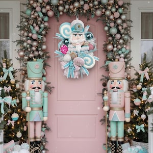 Deluxe Candy Themed Nutcracker Christmas Front Door Wreath with Velvet Macaroons, Sweet Treats & Designer Ribbon, Nutcracker Decorations