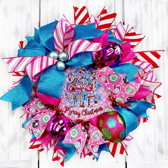 Tropical Flamingo Christmas Wreath: Coastal Holiday Front Door Decor