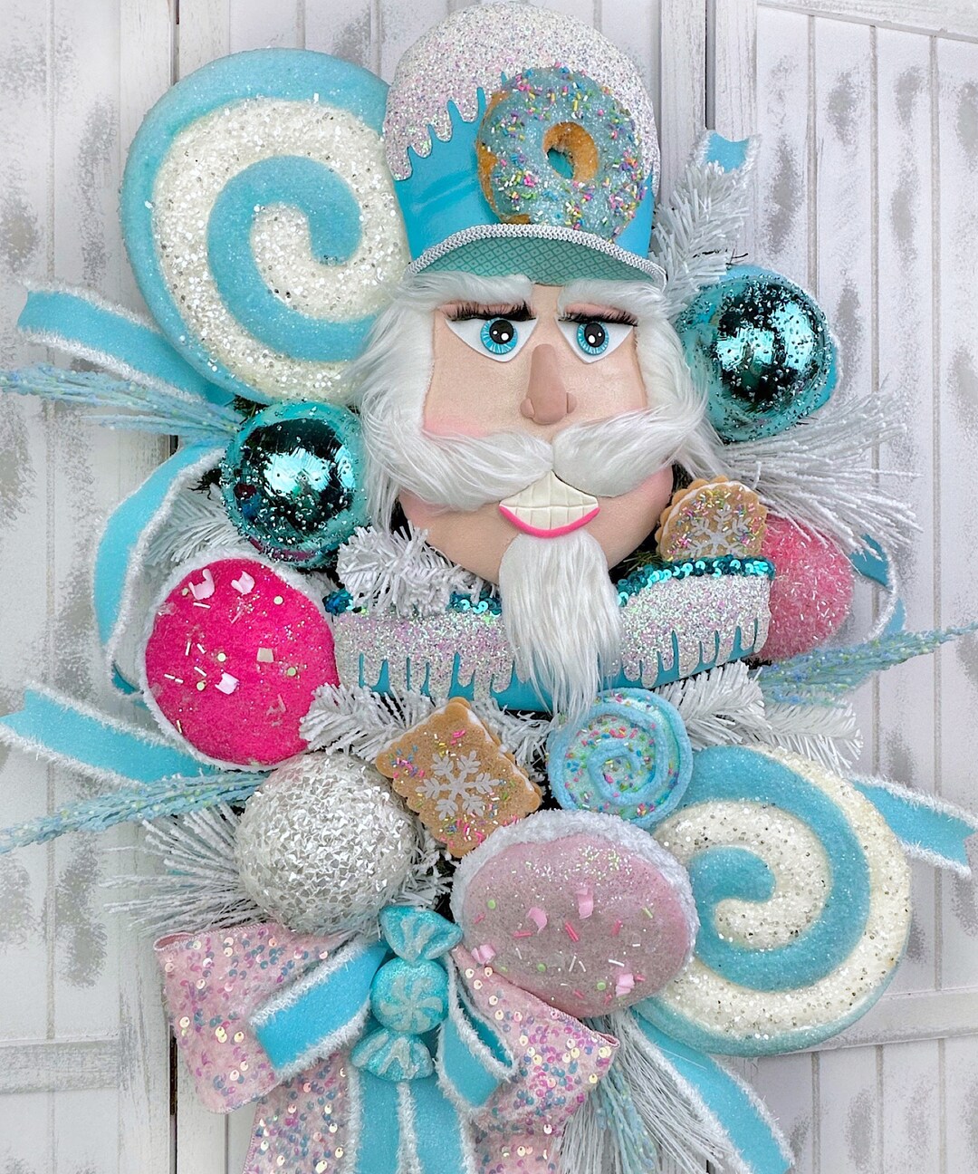 Deluxe Candy Themed Nutcracker Christmas Front Door Wreath With Velvet Macaroons, Sweet Treats